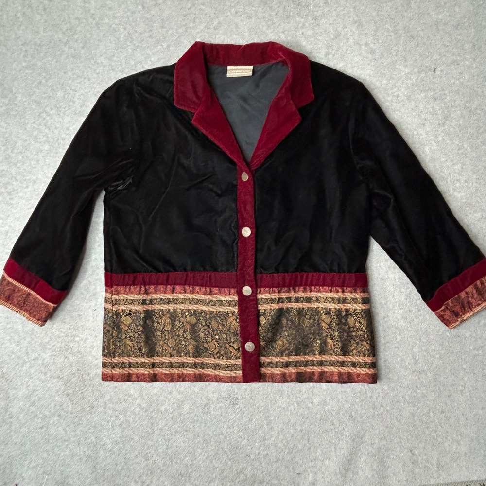 Vintage Coldwater Creek Velvet Blazer Jacket Women Black Burgundy Tapestry Trim